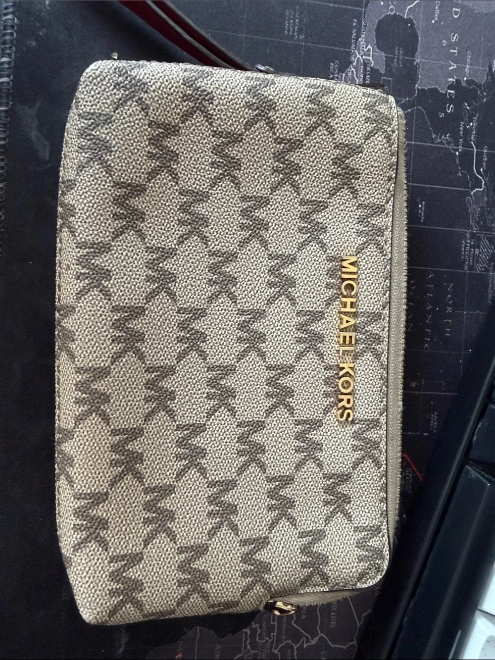 Michael Kors Beige Brown Signature Zip Wallet with Gold Logo